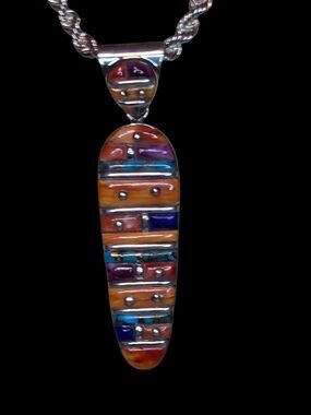 Sterling Silver Multi-Color Mosaic Inlay Elongated Pendant